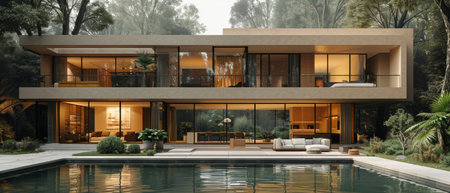 View of luxury modern house with swimming pool in daytime on a green lake background. Concept of...