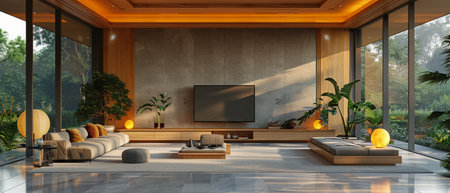 The design of a minimal living room with a flat screen TV on a plain white wall. The living room...