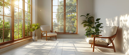 Living room with TV on plain wall. Interior design with furniture, laminate cabinet on white floor.