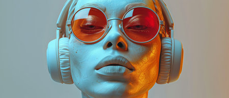3D rendering of sunglasses and headphones placed on a human head sculpture.