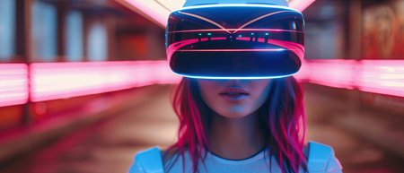 Female in futuristic costume interacting with modern VR glasses and experiencing virtual reality....