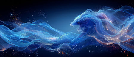 Intuitive flying dragons against a dark blue background. Technological background for designs about...