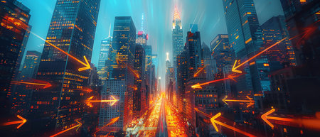 Double exposure of New York skyscrapers at night, with growing arrows and abstract lines in the...