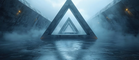 This is a 3D rendering of a sci-fi tunnel depicting a futuristic triangle spaceship corridor with a...