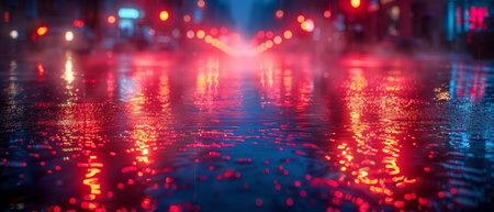 An abstract background with light effects and blurred surfaces. Wet asphalt, a night view of the...