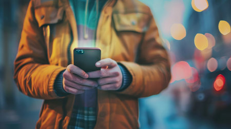 Mobile smart phone being used by a man up close.の写真素材