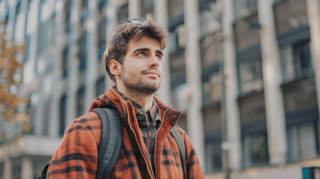 Street portrait of a modern young man using a mobile phone.