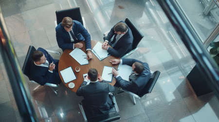 The image shows business partners discussing documents and ideas during a meeting