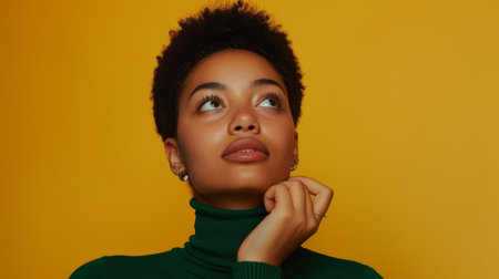 Photograph of a beautiful short haired woman looking up at the ceiling deep thinking, wearing a...
