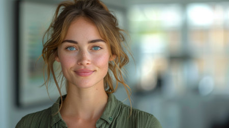 A close-up portrait of an attractive young businesswoman wearing a green shirt and smiling.
