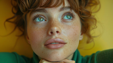 Photograph of a short haired lady wearing a casual green turtleneck and gazing up at an empty space...