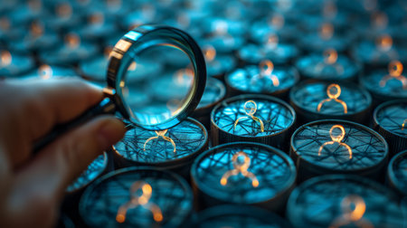 A businessman holds a magnifier in his hands as he searches for human icons for the purpose of...