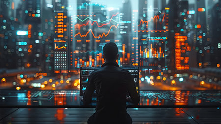 An analyst or businessman working on a virtual screen with a business analytics system creates KPIs and metrics for the finance, operations, sales, and marketing departments of a company.の写真素材