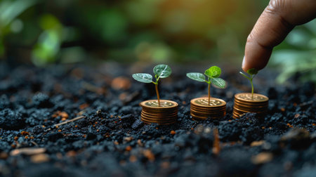 New Years investment new business and finance concept for new year 2023. Row of coins and graph...
