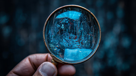 On a black studio background, a man uses a magnifying glass for searching for the best option, a...
