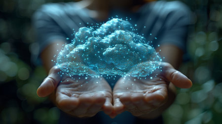 This image shows a businessman with a cloud computing diagram on a virtual screen. Cloud technology, data storage, data transfer, internet service concept, technology internet storage network.の写真素材