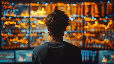 Businessman investor calculates financial data for long-term investments with digital augmented...