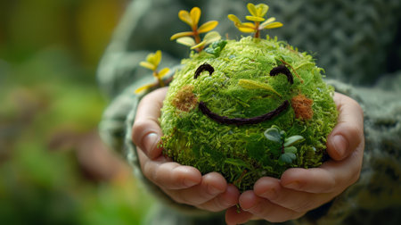 Grass globe with green face and environmental ESG concept for sustainable development in business and ecology. Green business, carbon footprint.の写真素材