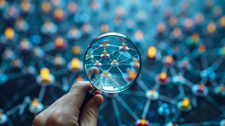 A businessman uses a magnifying glass to find a human icon for a CRM system, a target group concept, social media marketing, online HRM, and human resources management.の写真素材