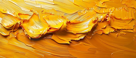 Print of abstract art textured in gold. Freehand oil painting on canvas. Brushstrokes of paint....