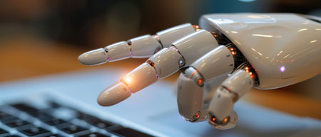 In this video, the robot finger points to the laptop button with flare lights to represent...