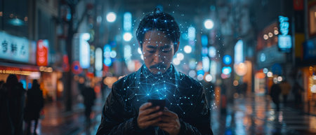 A businessman uses a mobile smart phone on a city background, omnichannel marketing, smart phone...
