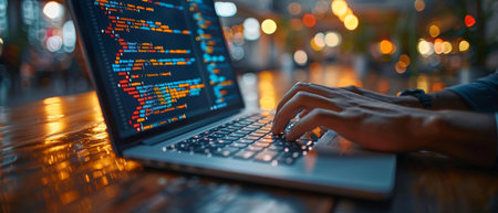 Developing a mobile app using coding and icons. Business technology, IoT Internet of Things,...