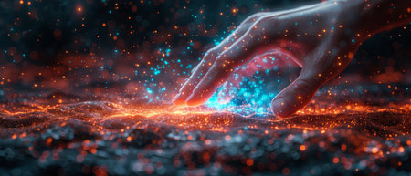 Artificial intelligence global network, hologram with light and palm of hand glowing in blue and red in sci-fi futuristic concept, particle with digital data, cyber information, science and life,の写真素材