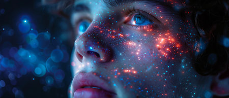 Nighttime AI concept with a young man