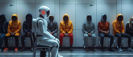 The human and the humanoid AI robot waiting for a job interview: AI versus humansの写真素材