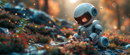 A man using AI technology, smart robots, and artificial intelligence technology; and an innovative future online network for accessing data and information.の写真素材