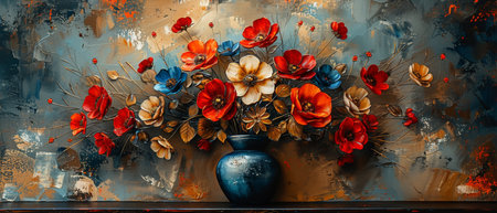 Abstract painting, metal element, texture background, flowers, plants, flowers in a vase, modern...