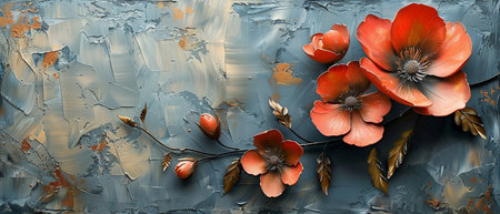 Abstract painting, metal elements, texture background, flowers and plants,