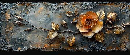 The painting is modern and abstract and features metal elements, texture background, flowers and plants.の写真素材