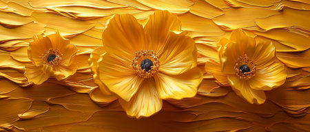 Oil painting technique featuring flowers and leaves. A luminous golden texture is present in the...