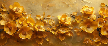 Painting technique: abstract oil on paper. Flowers and leaves. Luminous golden texture. Prints, wall papers, posters, cards, murals, carpets, decorations, wall paintings, posters.......の写真素材