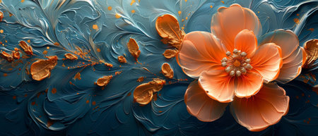Painting technique in abstract oil. Flowers, leaves. The future is stylish on paper. Gleaming golden...
