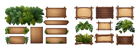 Set game wooden boards and branches liana and tropical leaves Cartoon set of wooden panels, wooden boards and direction signs with plants in forest isolated on white backgroundのイラスト素材