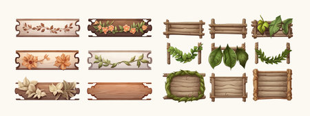 Set of wooden banners with leaves and flowers. Cartoon set of wooden panels, wooden boards and direction signs with plants in forest isolated on white backgroundのイラスト素材