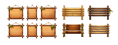 Wooden bamboo sign board frame game ui vector set. Cartoon set of wooden panels, wooden boards and direction signs with plants in forest isolated on white backgroundのイラスト素材