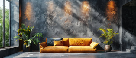 Rendering of a black interior with a brown sofa and decorative plaster. Illumination of the walls of...