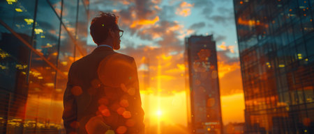 A successful, wealthy, rich Indian businessman stands in a big city on a modern skyscraper street during sunset thinking about a successful future and dreaming of a better future.の写真素材