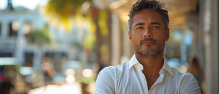 Businessman standing in big city, looking and dreaming of future business success, thinking of new goals, business vision and leadership concept.の写真素材