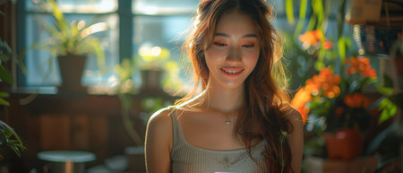 Stylish young happy woman checking cell phone at desk sitting at home or at work using cellphone...