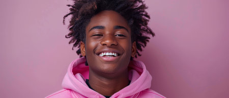 A young funky African American teen wearing a pink hoodie dancing and moving on a light purple...
