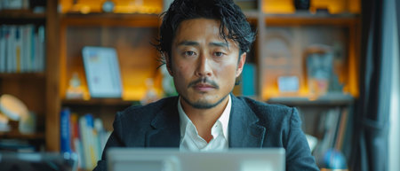 An Asian Japanese executive with a business cell phone examining a smartphone while working in a...