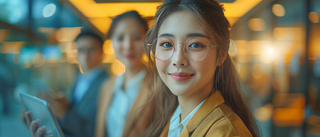 Standing at a corporate office meeting, an Asian woman and Latino man discuss financial market data on a digital tablet.の写真素材