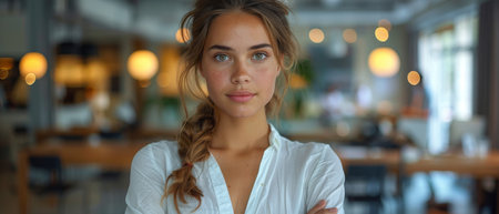Businesswoman standing in a modern office, a young confident female employee, executive, manager, worker, and entrepreneur looks at the camera with crossed arms.の写真素材