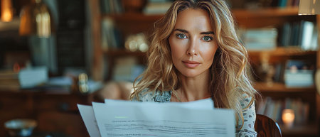The female businesswoman looks busy working in an office handling documents. The businesswoman is a...