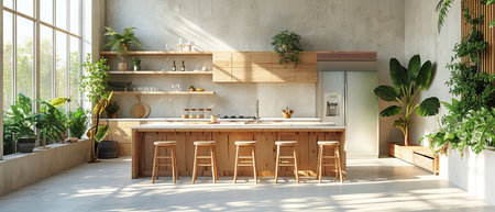 The interior of a kitchen with a large refrigerator, bar stools and wine cabinet in 3D. 3D visualisation. 3D illustration.の写真素材